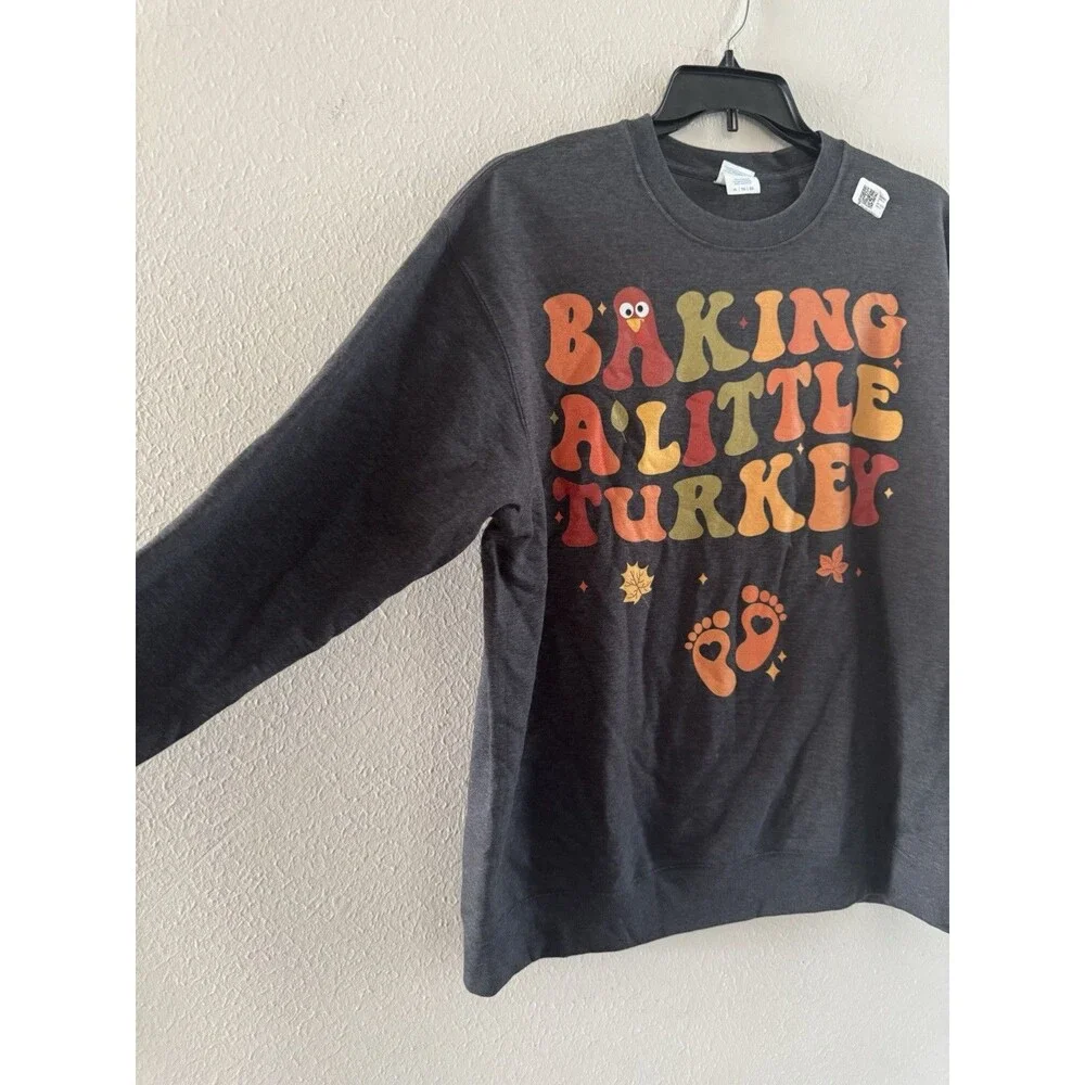 Baking a Little Turkey Thanksgiving Pregnancy Announcement Sweatshirt gray XL
